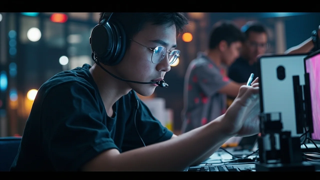 Medium editorial frame of the Legion Pro Rollable Concept demo area at the Esports World Cup 2026, with the OLED surface partly unrolled on a stand and a festival-zone footprint around it
